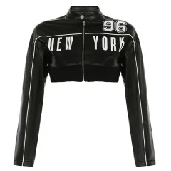 Fashionable Letter Printed PU Leather Jacket For Women - Black - View 1