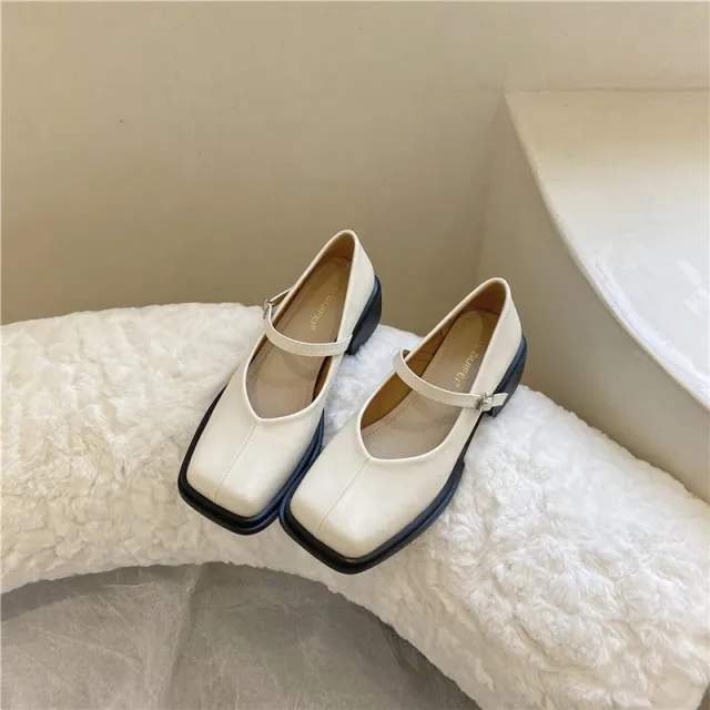 Rubber Vintage Square Head Buckle Mary Jane Low Heel Shoes Low cut Leisure Women's Fashion Shoes Apricot - Shop at LoveMi
