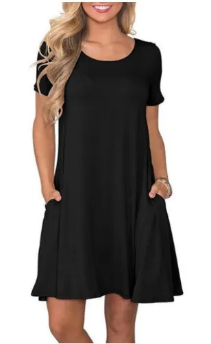 New Women's Round neck Solid color Casual Short sleeve Swing Dress With Pockets Black - Shop at LoveMi
