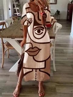Women's Casual Short-sleeved Printed Loose Stitching Extra Long Dress - Lyq081000002 - View 1