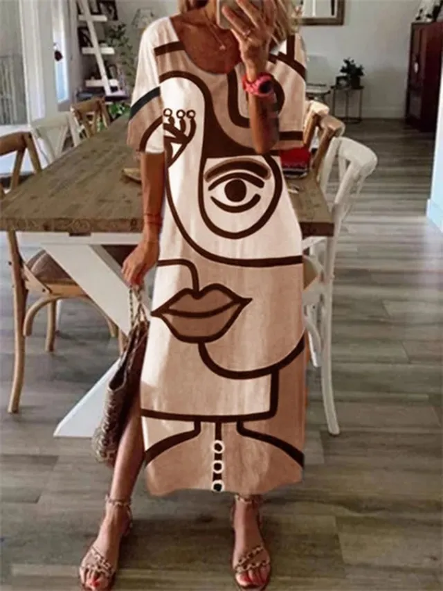 Women's Casual Short sleeved Printed Loose Stitching Extra Long Dress Lyq081000002 - Shop at LoveMi