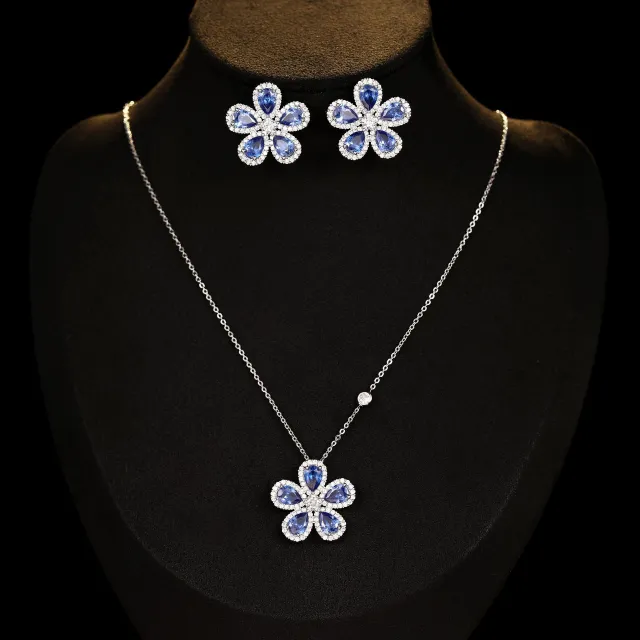 High grade Jewelry Suit Micro Inlaid Zircon Sunflower Ear Stud Necklace A Set Of Elegant Jewelry Blue - Shop at LoveMi