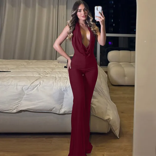 Women's Strappy Halterneck Backless Slim fit Jumpsuit Red - Shop at LoveMi