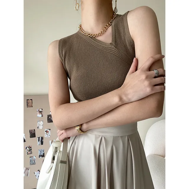 Diagonal Collar Slim Fit Bottoming Sleeveless Knitted Vest For Women Khaki - Shop at LoveMi