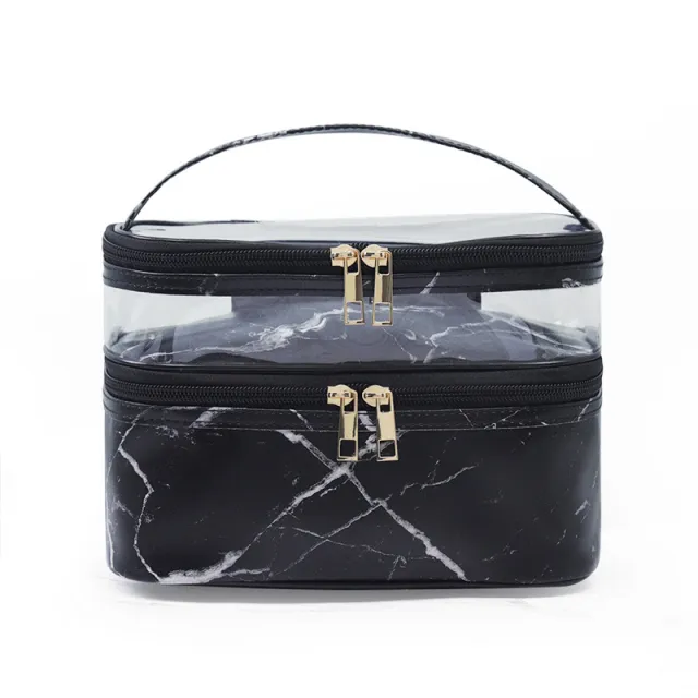 Transparent Pvc Double Layer Marble Waterproof Cosmetic Bag Black - Shop at LoveMi