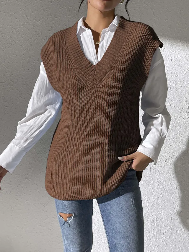 Solid Color Women's Vest V Neck Simple Casual Knit Sweater Vest Brown - Shop at LoveMi