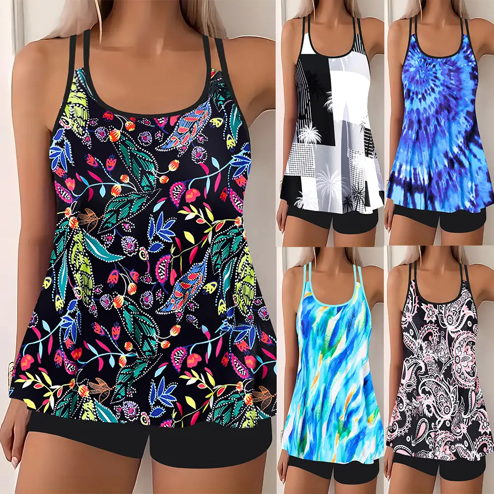 Printed Tummy-Controling Slimming Plus-Size Two-Piece Swimsuit Womens