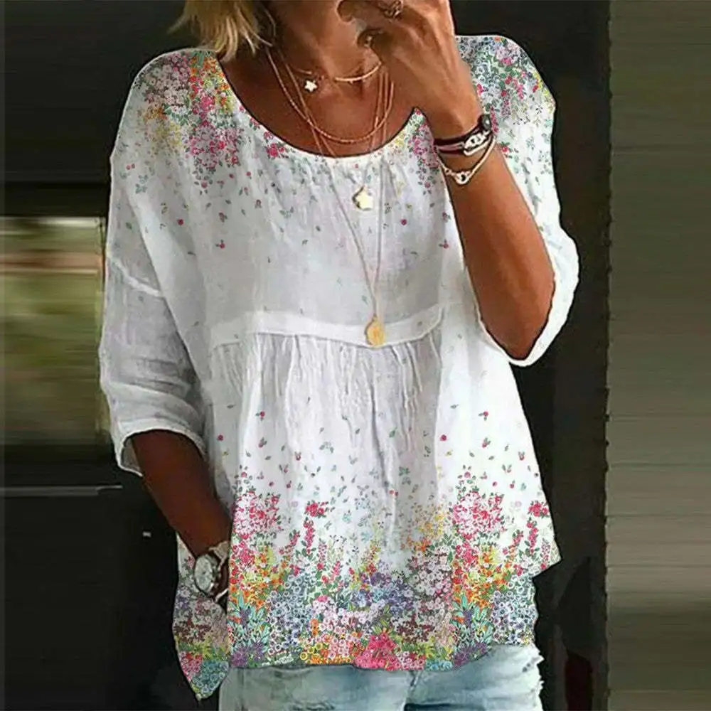Loose Floral Print Casual Half Sleeve T-shirt For Women - Style 02