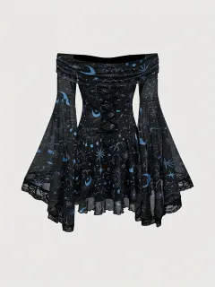 Off-the-shoulder Short Sleeve Flared Sleeves Mesh A- Line Dress - Sky Blue - View 1