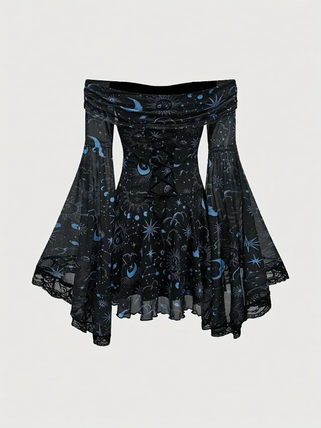 Off the shoulder Short Sleeve Flared Sleeves Mesh A Line Dress Sky Blue - Shop at LoveMi