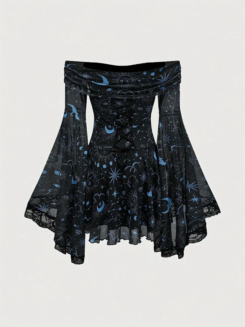 Off-the-shoulder Short Sleeve Flared Sleeves Mesh A- Line Dress - Sky Blue