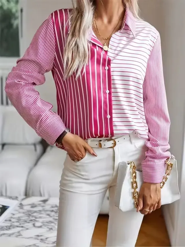 Womens Fashion Striped 3D Printed Long Sleeve Shirt Nscs 80000Dl 5Xl - Shop at LoveMi