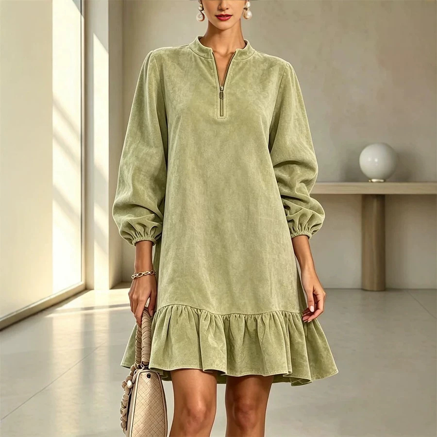 Women's Loose-Fit Solid-Color Casual Dress With Ruffle Hem And Zipper