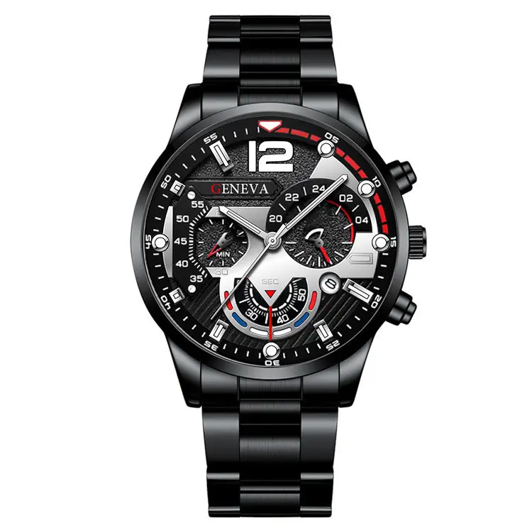 2pcs Men's New Popular Steel Strip Fashion Business Three Eye Quartz Watch