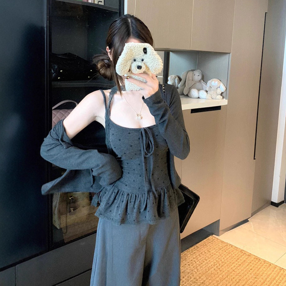 Elegant Long-sleeve Cardigan Jacket Paired With A Camisole