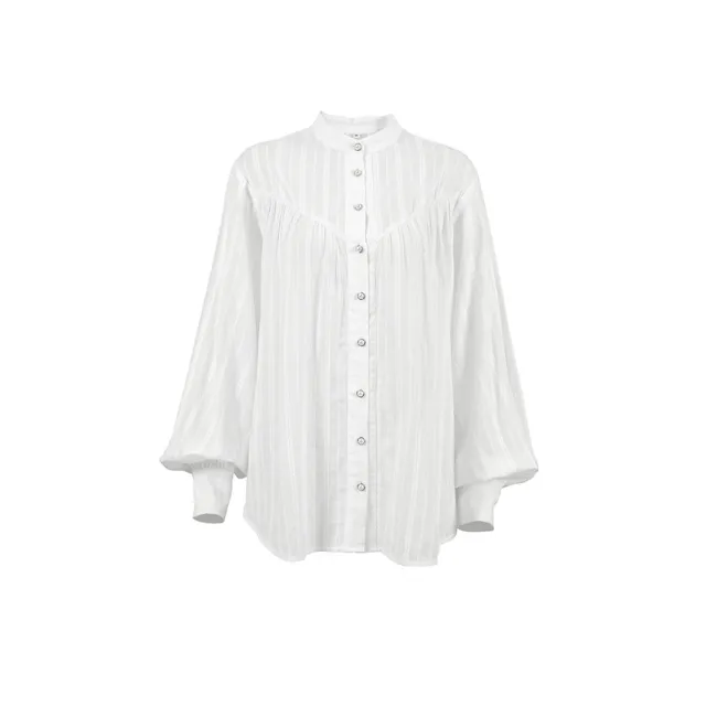 Simple Jacquard Top With A Stand up Collar And Slightly Puffed Sleeves White - Shop at LoveMi