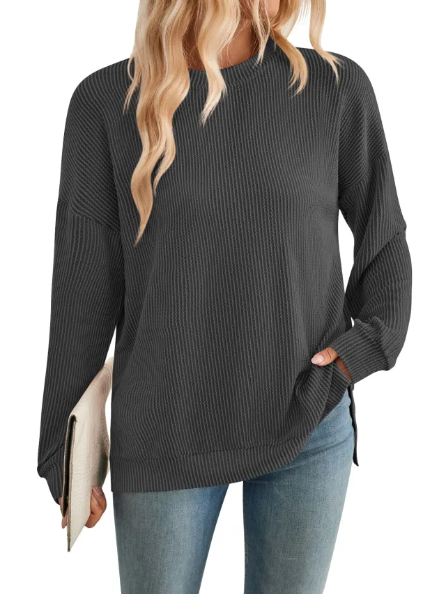 Women's Wave Striped Loose Long Sleeve Slit Sweater Dark Gray - Shop at LoveMi