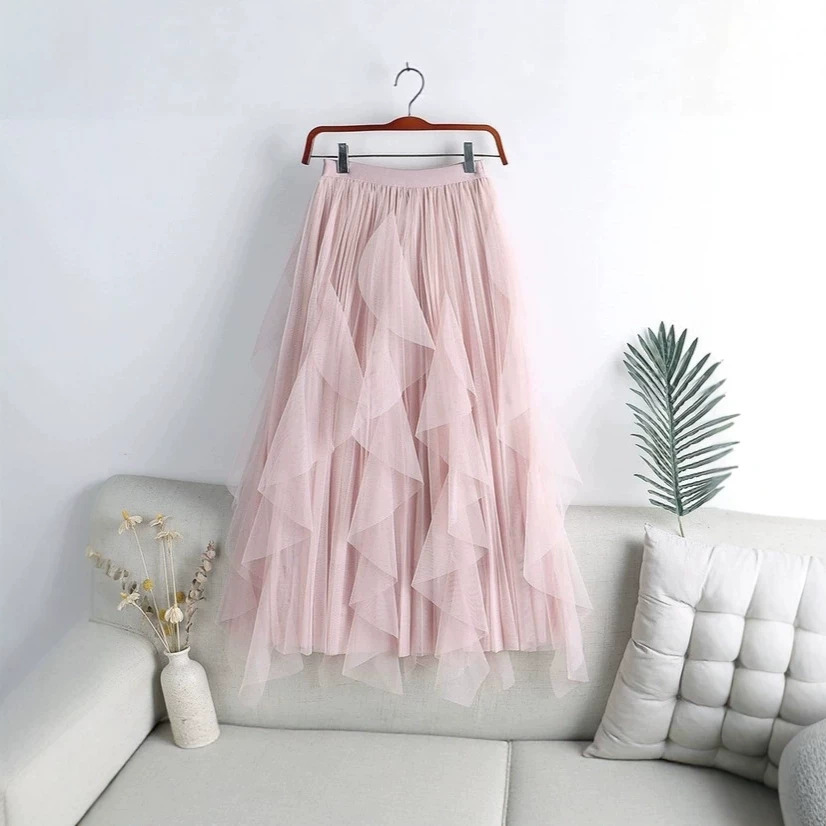 Elegant Mesh Patchwork And Calf-length Skirt