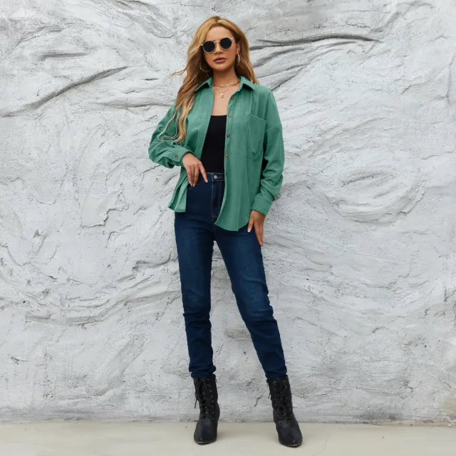 Corduroy Women's American Loose Jacket Coat Solid Color Shirt Green - Shop at LoveMi