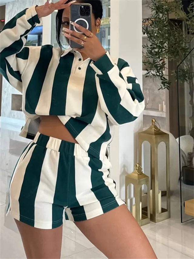 Womens Stylish Zebra Striped Printed Long Sleeve Top And Shorts Set Green - Shop at LoveMi