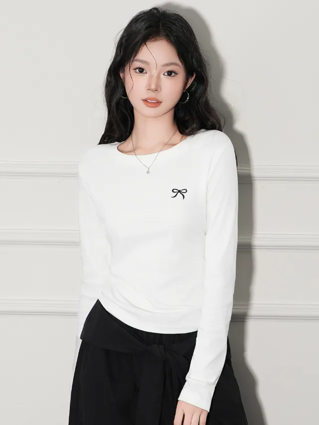 Regular Shoulder Round Neck Pleated Embroidery Long Sleeve Base Shirt White - Shop at LoveMi