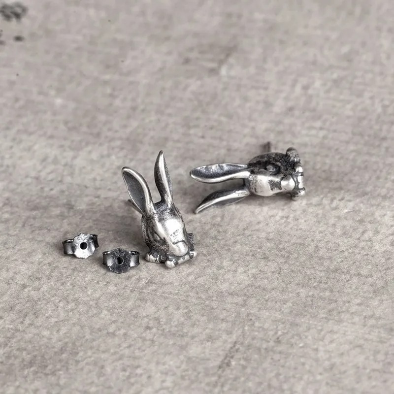 S925 Sterling Silver Retro Punk Rabbit Stud Earrings