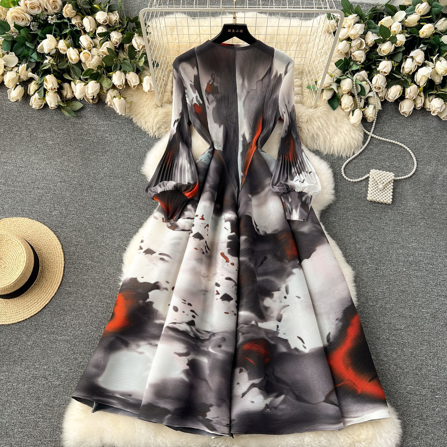 Elegant Design Printed Long Sleeve Cinched Plus Size Dress