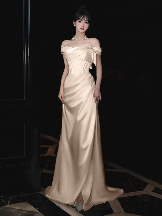 Bridal Light Wedding Dress Women's Off shoulder Toast Dress Champagne - Shop at LoveMi