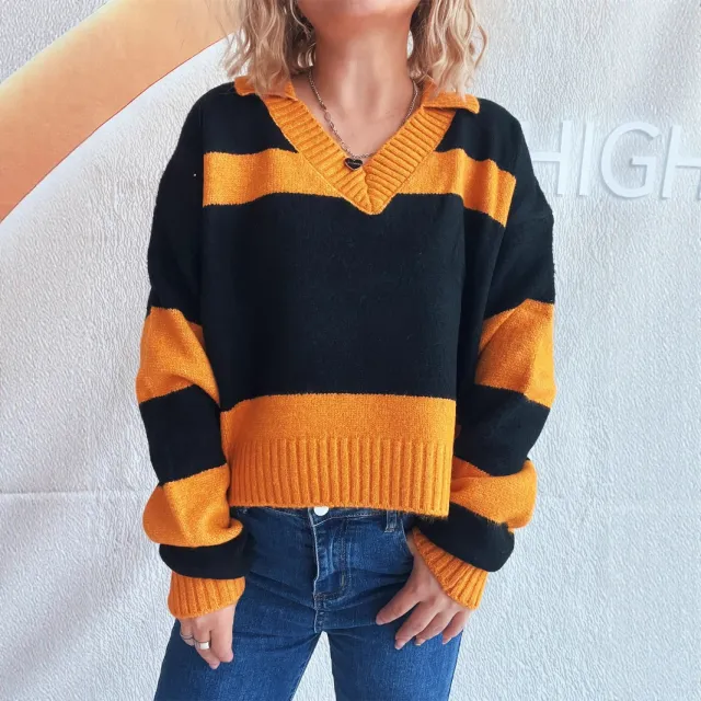 Contrast Color Striped Knitted Lapel Commuter Long Sleeve Women's Sweater Orange - Shop at LoveMi