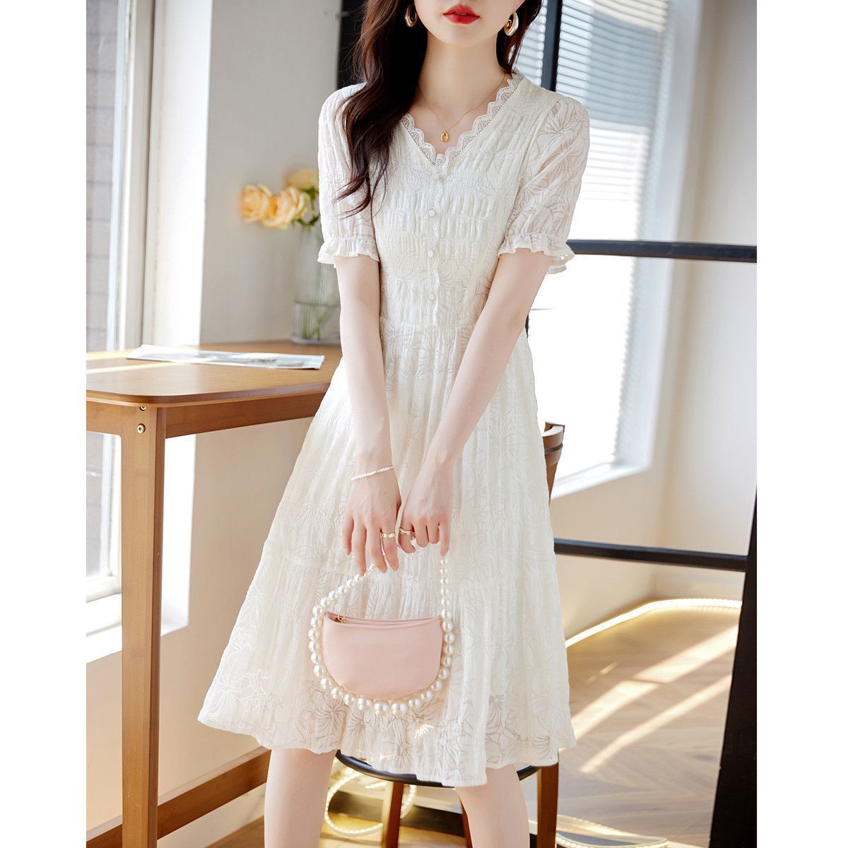 Fairy Style V-neck Lace Stitching Dress Women