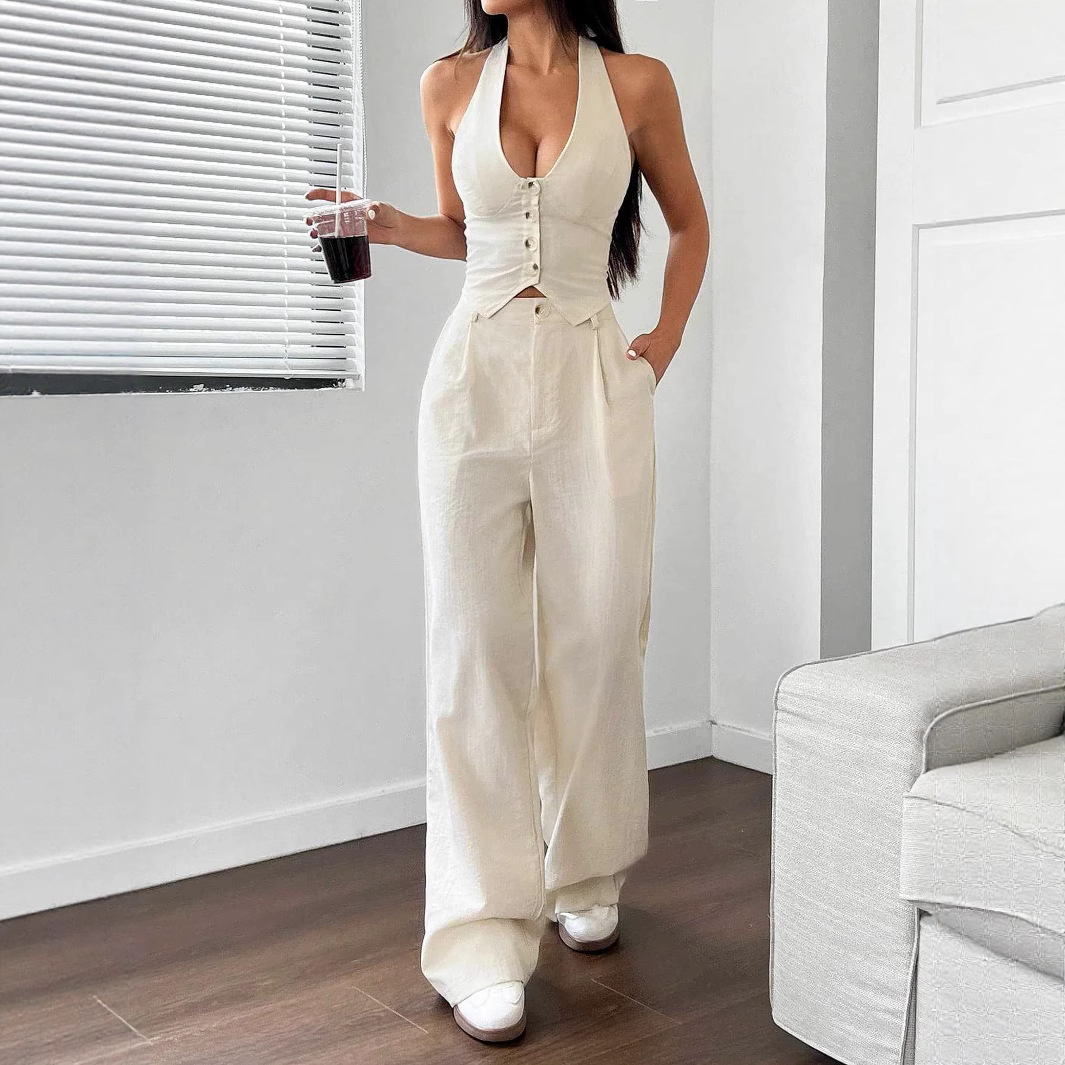 Women's Tie-design Vest And Straight-leg Casual Pants Set