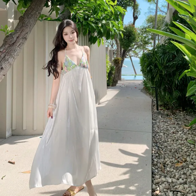 French Embroidery Sequin Stitching Halter Backless Dress - Shop at LoveMi