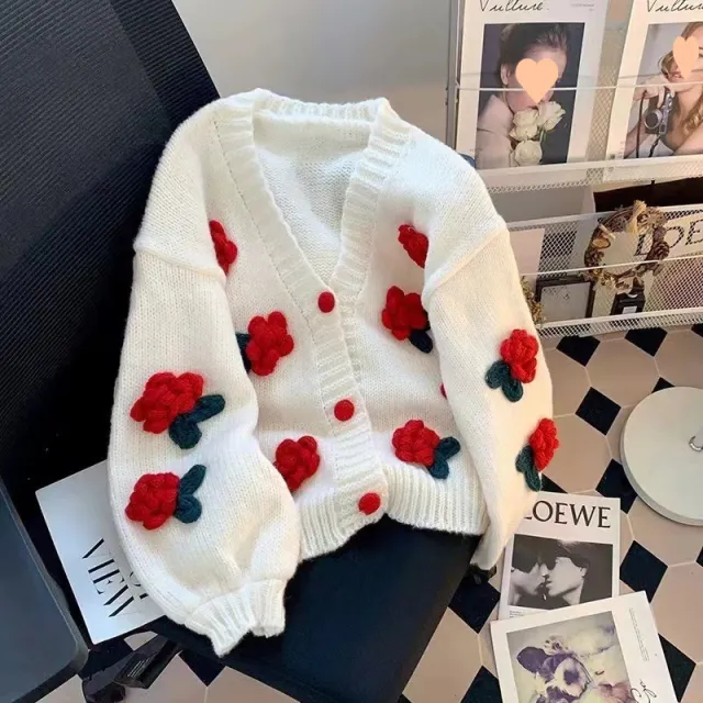 Women's Three dimensional Flower Knitted Cardigan Loose Sweater Coat Red - Shop at LoveMi