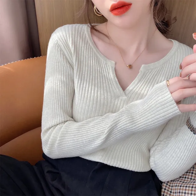 Women's V neck Sweatshirt Casual Bottoming Shirt Slim fit Long sleeved Shirt Grey - Shop at LoveMi