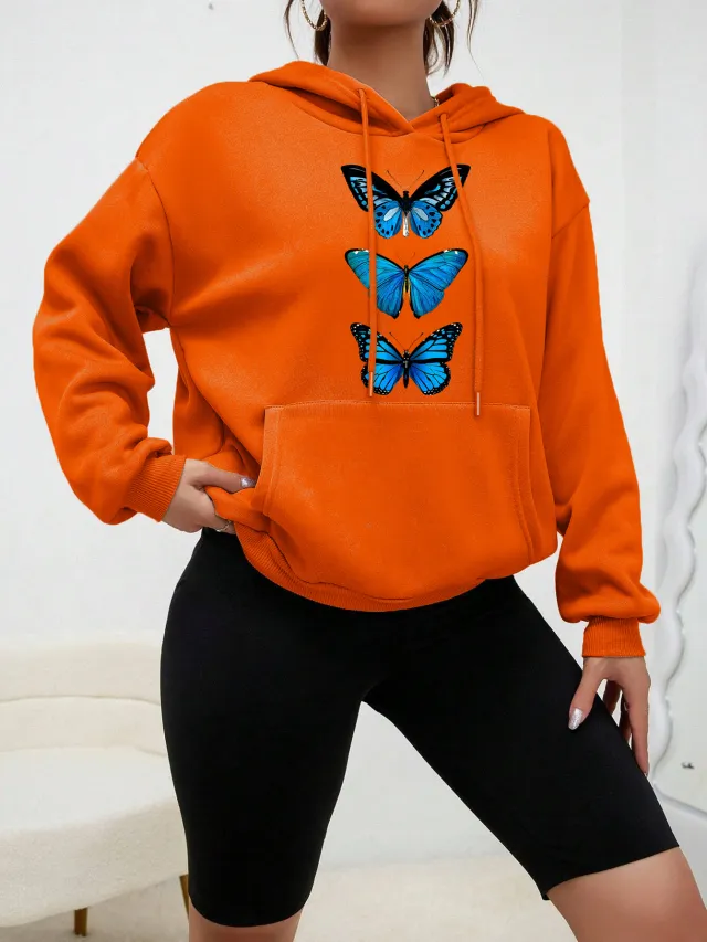 Sweet Hooded Long Sleeve Street Hipster Printed Pullover Sweatshirt Orange - Shop at LoveMi