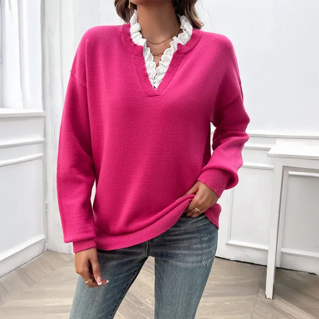 Fashion Women's Wear Loose Ruffled V neck Top Rose Red - Shop at LoveMi