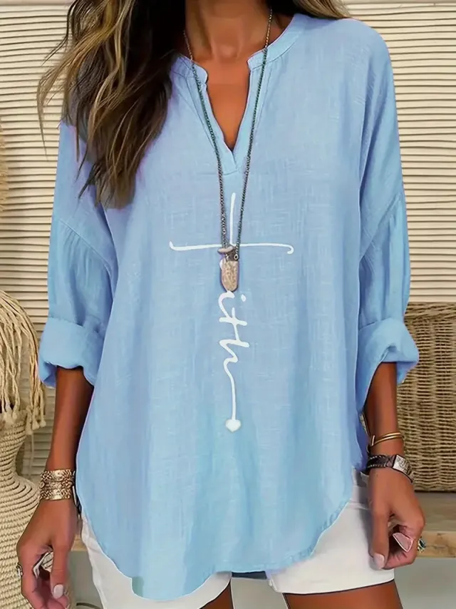 Women's Casual V neck Cotton And Linen Solid Color Shirt Bb0576 Light Blue - Shop at LoveMi