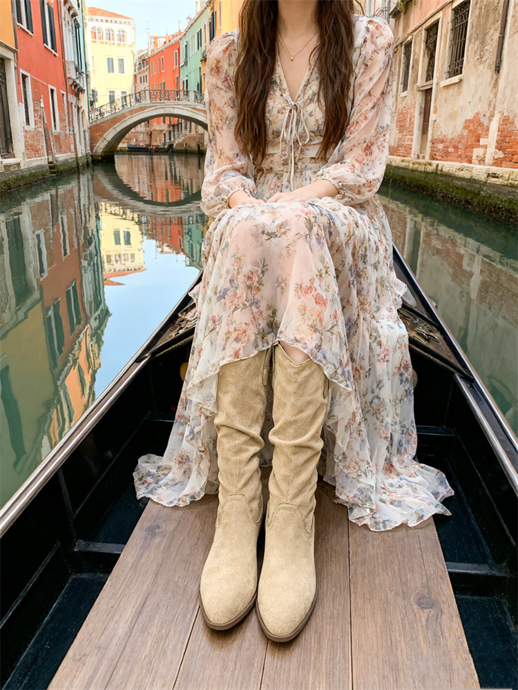 Chunky Heel Suede Riding Boots