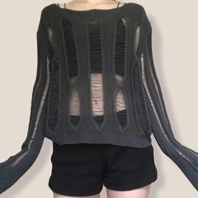 Temperament Crew Neck Long Sleeve Hollow out Loose Casual Bottoming Sweater Dark Gray - Shop at LoveMi