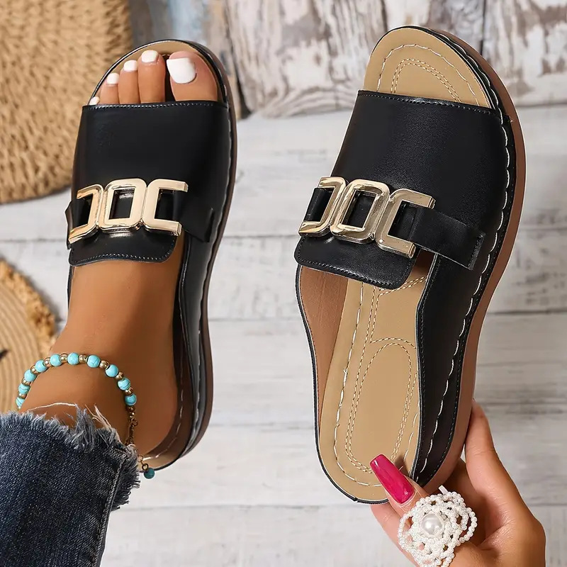 Black chain wedge platform peep-toe sandals – thick bottom Roman slides for women summer fashion