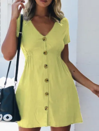 Color V neck Slim Single Row Button High Waist Dress Women Yellow - Shop at LoveMi
