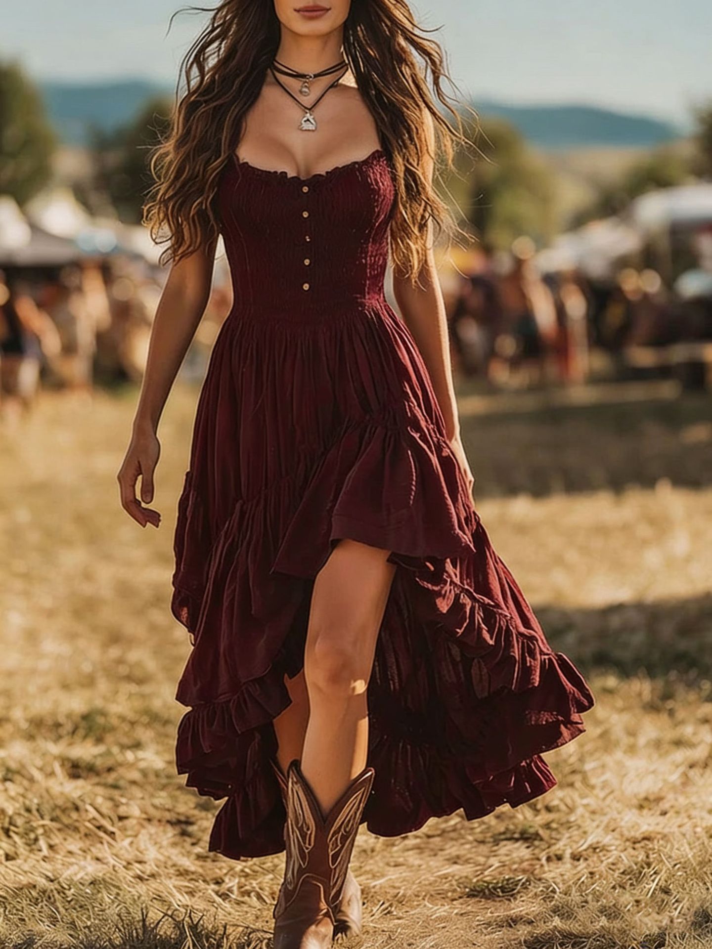 Bohemian-style Dress With An Asymmetrical Ruffled Hem