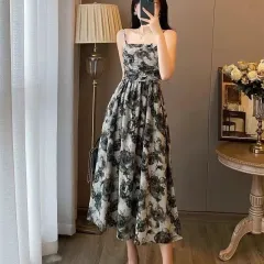 Floral Patchwork A-line Midi Slimming And Waist-cinching Sleeveless Dress - Floral - View 1