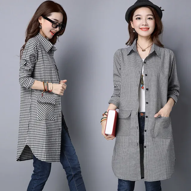 Long Sleeve Shirt Coat Cotton And Linen Plaid Loose Shirt Mid length Black And White Plaid - Shop at LoveMi