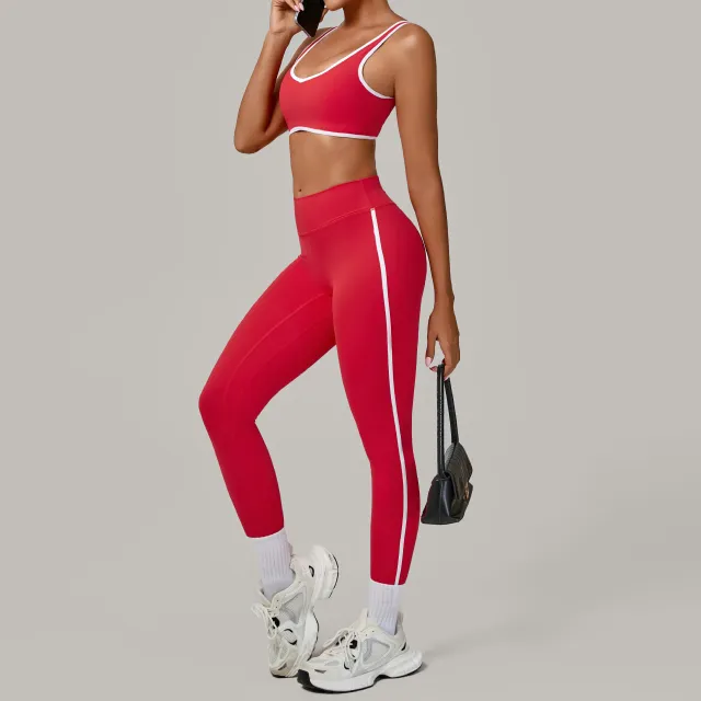 Contrast Color Binding Nude Feel Yoga Beauty Back Tight Quick drying Workout Clothes Outdoor Sports Suit Red - Shop at LoveMi
