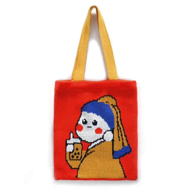 Girl Woven Bag Portable With Pearl Earrings Pearl Girl Earrings - Shop at LoveMi