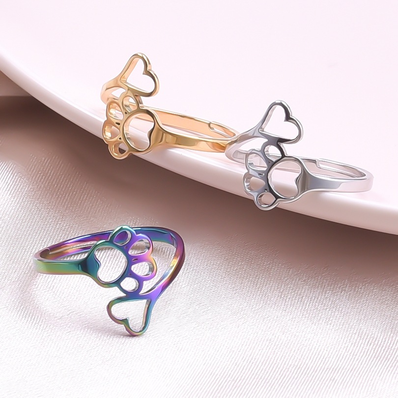 Footprints Love Heart Simplicity Adjustable Cutting Stainless Steel Ring