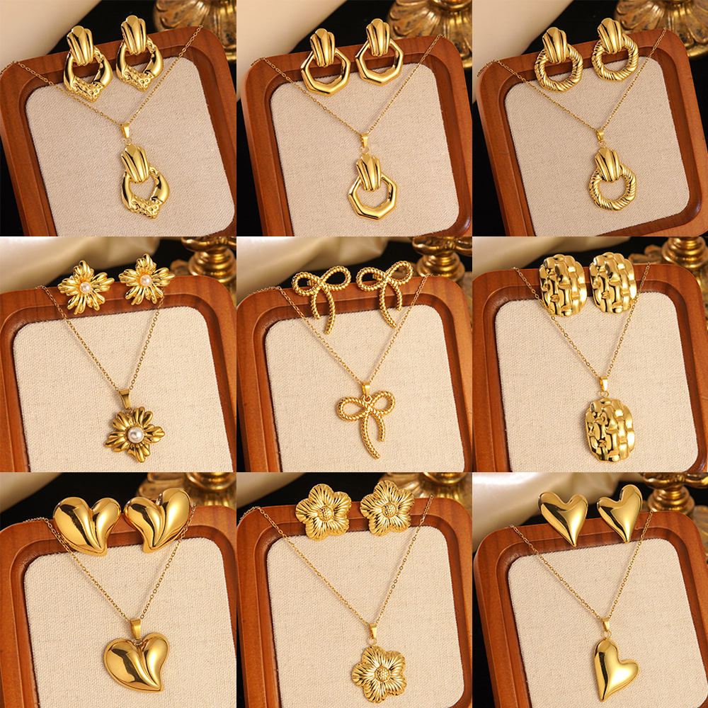 Stainless Steel Heart Bow Flower Necklace And Earrings Set