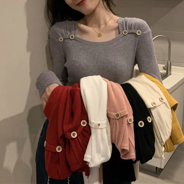 Women's Square Collar Long Sleeve Knitted Bottoming Shirt Pink - Shop at LoveMi