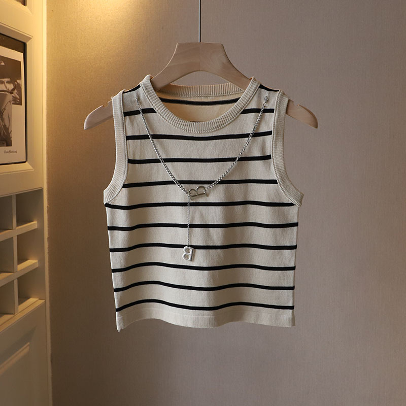 Summer Clothing New Korean Style Women's Contrast Color Striped Round Neck Vest Letter Chain Short Inner